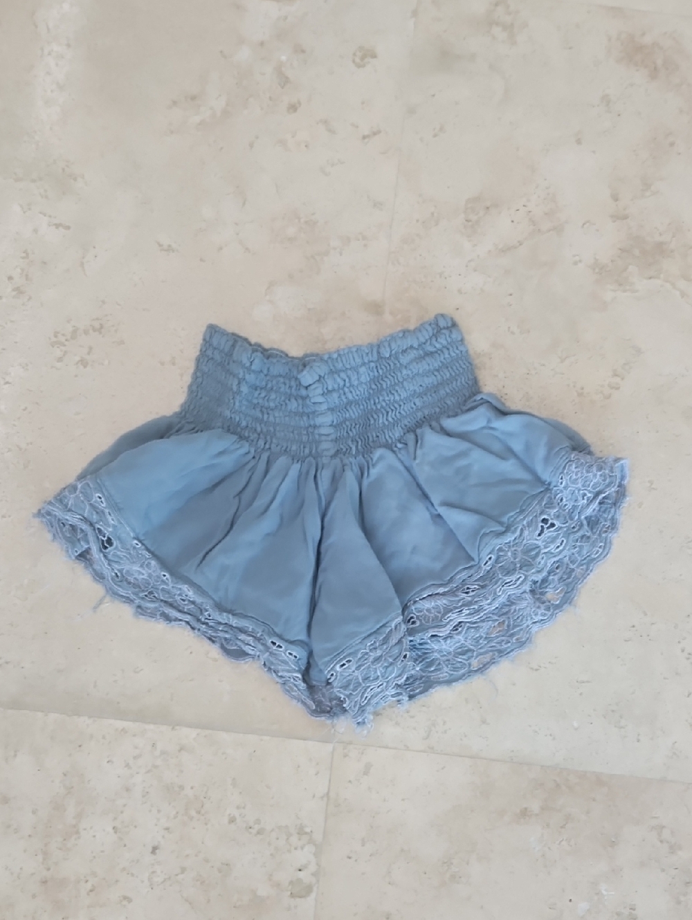 Lani Lau Light Blue Smocked Lace Trim Shorts
